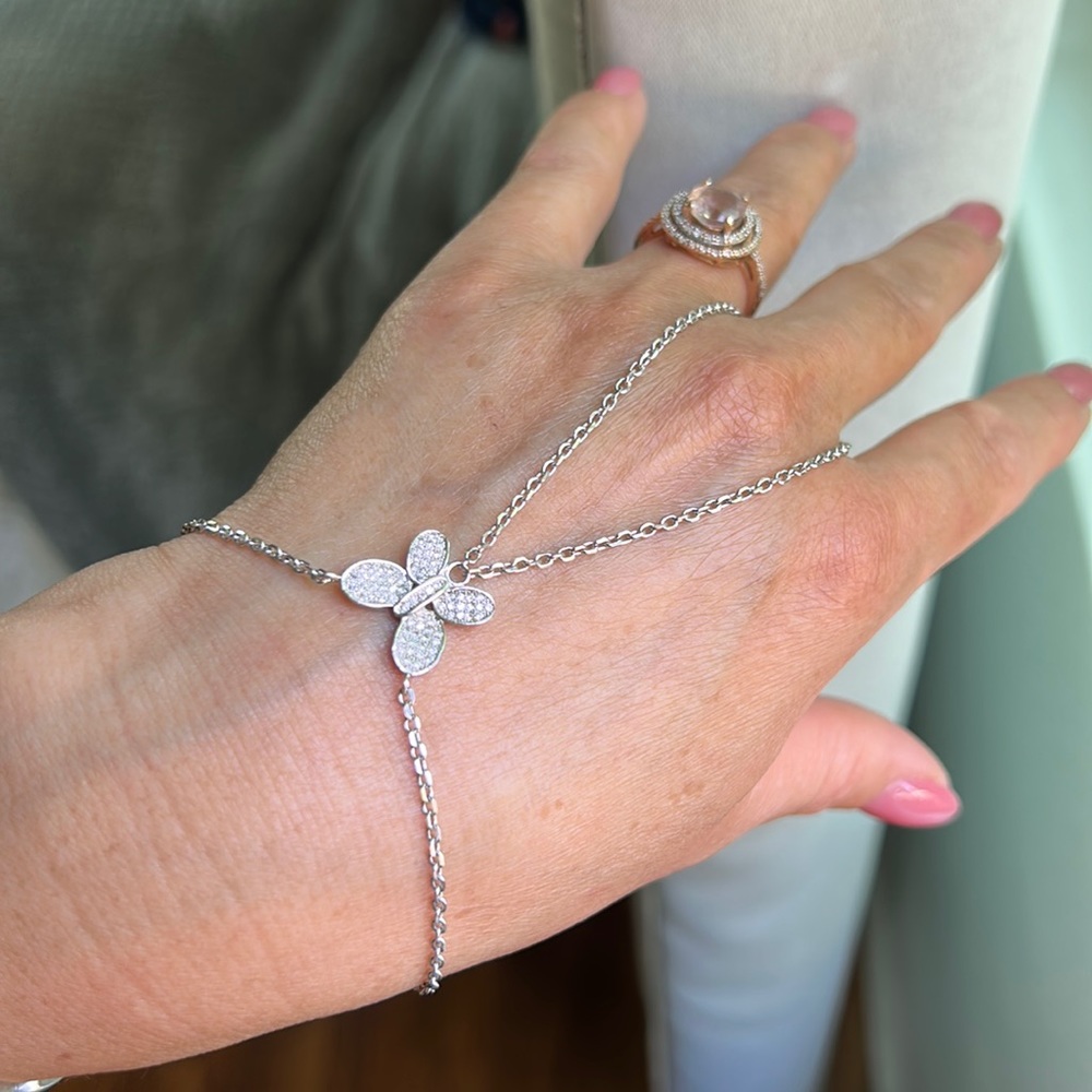 Sterling Silver Rhodium Plated Chain Bracelet Ring